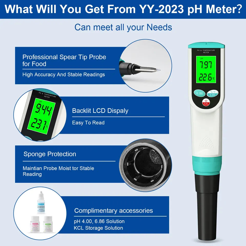 Digital Food PH Meter with KCL Kit 0.01 Resolution High Accuracy Sensor pH Tester for Meat Dough Sausage Cheese Cosmetics Soil
